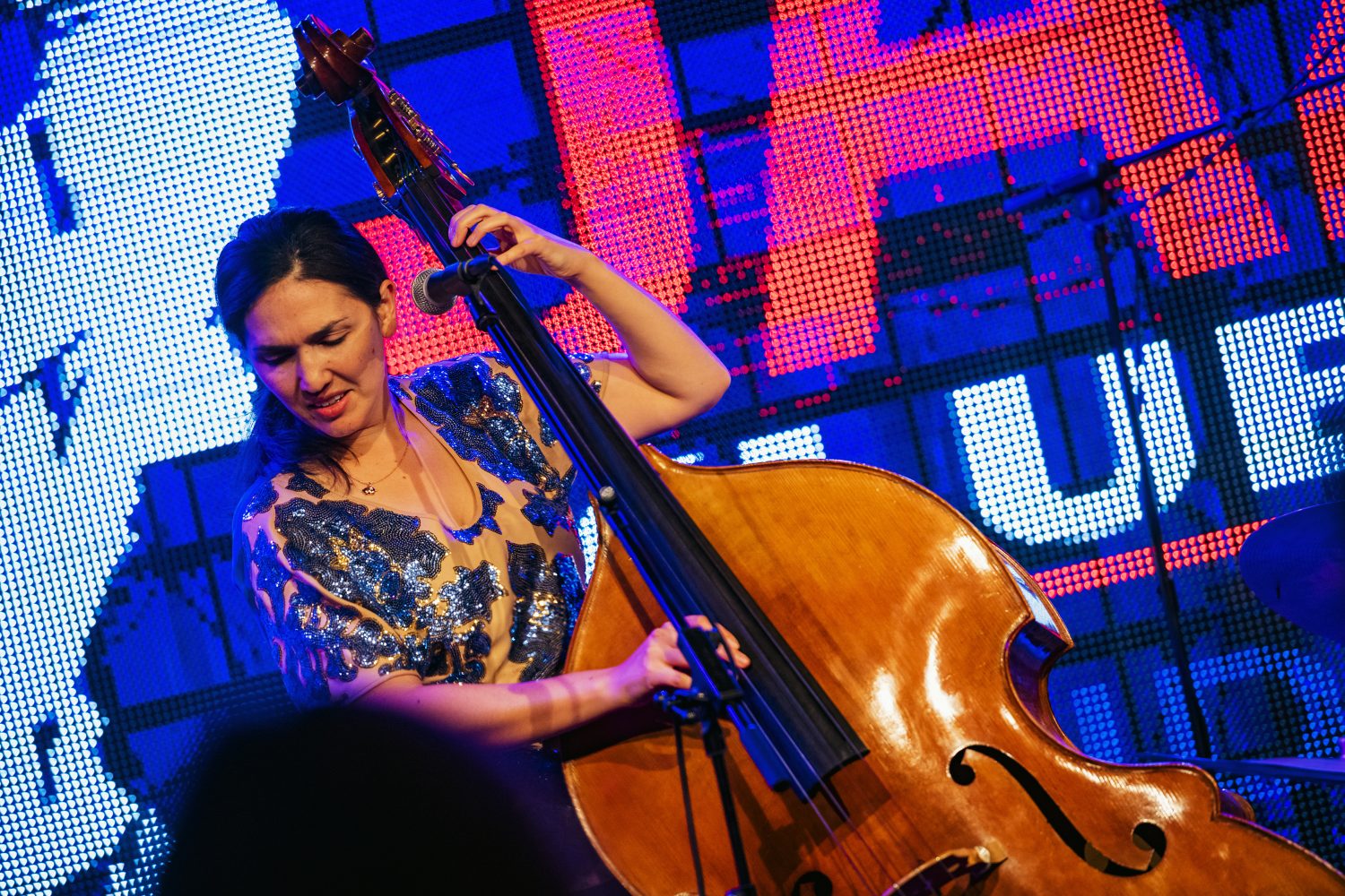 Basisten Katie Thiroux spelar på en jazzklubb